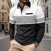 billige Geometrisk polo for menn-Herre Horisontale strips Polo Langermet Poloskjorter Skjorter med krage Business Casual Virksomhet treningsklær Dagligdagstøy Lomme 3D-utskrift Knapper Vår Høst Vinter Mørkebrun Svart Navyblå