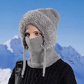 Недорогие теплая и теплая коллекция-Зимняя вязаная шапка-бини 3-в-1 с флисовой подкладкой для женщин со встроенной маской для лица и утеплителем для шеи, теплая и уютная шапка для холодной погоды на открытом воздухе