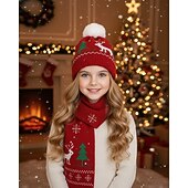 رخيصةأون إكسسوارات ملابس عيد الميلاد للأطفال-مجموعة قبعة ووشاح عيد الميلاد للأطفال، محبوكة ناعمة مع أنماط الرنة والأشجار، إكسسوارات شتوية دافئة للأولاد والبنات، مثالية للاحتفالات بالعطلات وعيد الميلاد