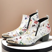 halpa Ensiluokkaiset nahkasaappaat-Miesten kukkakuvioiset aidosta nahasta valmistetut nilkkurit - eloisa kukkakuvio vetoketjulla, täydellinen muodikkaaseen arkeen ja jokapäiväiseen käyttöön