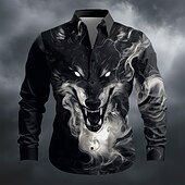 halpa Eläinkuviointi-Miesten Savuinen Eläin Susi Paita Button Up paita Pitkähihainen Vintage retro ulko- Arkikäyttö Kevät Syksy Sänkyjen avaus 3D-tulostus kauluspaidat Musta Ruskea