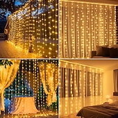 رخيصةأون يعمل بالطاقة الشمسية-أضواء ستارة 10 * 10 قدم 300 LED 8 أوضاع جهاز تحكم عن بعد شمسية أضواء خيط معلقة داخلية وخارجية مقاومة للماء لزينة الأعراس والمهرجانات