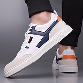 זול סניקרס קז'ואל-נעלי ספורט ספורטיביות לגברים בצבעי כחול כהה ולבן, קלות משקל ונוחות, עיצוב מודרני עם נגיעות כתומות, מושלמות ללבישה יומיומית וטיולים קז'ואליים