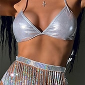 ieftine Topuri și seturi-Samba Dancewear Outfit strălucitor din paiete argintii pentru femei - Set cu top halter bralette și fusta pentru petreceri rave - Costum de performanță