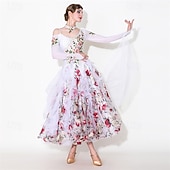 baratos Roupa de Competição-Vestido feminino para competição de dança de salão latina - estampa floral romântica &amp;vestido de dança moderna com saia de babados