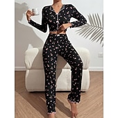 preiswerte Damen Schlafoberteile und -unterteile-Damen Schlafanzug Set Lässig Komfort Blumen Elastischer Bund Hose Heim Täglich Langarm V Ausschnitt Blau Schwarz Weiß Rosa Frühling Herbst Normale Passform