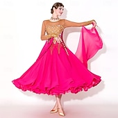 cheap Competition Wear-Women's Elegant Fuchsia &amp; Gold Ballroom Dance Dress Rhinestone Embellished Waltz Tango Modern Rumba Competition Performance Gown