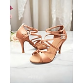 Χαμηλού Κόστους Latin Παπούτσια-Γυναικεία σατέν παπούτσια λάτιν χορού - επαγγελματικά σανδάλια ballroom salsa tango με σχέδιο με λουράκια και ψηλοτάκουνα για παράσταση ή αγώνες