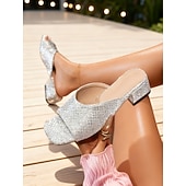 preiswerte Clogs &amp; Pantoletten für Damen-Glitzernde Damen-Pantoletten mit Blockabsatz und offener Zehenpartie – funkelnde Kunstleder-Partyschuhe für trendbewusste Frauen