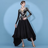 baratos Roupa de Competição-Dança de Salão Vestido Pregas Recortes Cristal / Strass Mulheres Espetáculo Treino Manga Longa Alto Elastano Fibra de Leite