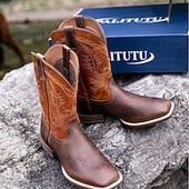 abordables Botas de cuero de primera calidad-Hombre Botas Botas cowboy Retro Zapatos de Paseo Cuero Piel de vaca italiana de plena flor Cómodo Antideslizante Templado Mitad de Gemelo Mocasín Morrón Oscuro Otoño Invierno