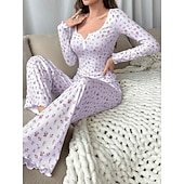 billige Søvnoverdeler og -nederdeler for kvinner-Dame Pyjamas Sett Fritid Komfort Blomstret Elastisk midje Bukse Hjem Daglig Langermet U-hals Hvit Gul Rosa Lilla Vår Høst Normal