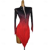 abordables robe de compétition-Robe de danse latine à franges, cristaux et strass, robe de compétition salsa à manches longues pour femme, idéale pour l'entraînement et la performance.