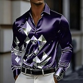 preiswerte Herren Satin Hemd-Herren Geometrisch Karo / Karomuster Glas Hemd Satinhemd Kleidhemd Langarm Business-Casual Urlaub Alltagskleidung Sommer Frühling Herbst Umlegekragen 3D-Druck Hemden mit Knopfleiste Dunkelrot