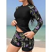 abordables Tankinis-traje de baño de dos piezas para mujer tankini de palmera alta cintura control de abdomen alta cintura sin espalda vacaciones ropa de playa hojas florales cuello redondo de manga larga