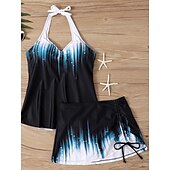 tanie Tankini-Kostium kąpielowy dwuczęściowy tankini dla kobiet spódnica kontrola brzucha wysoki stan wąski bez pleców wakacyjny strój na plażę ombre halter bez rękawów
