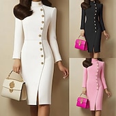 baratos Vestidos de Formatura-Mulheres Minivestido Vestido da bainha Vestido Bodycon Vestidos Semi-Formais Escritório Normal Tecido Manga Longa Gola Alta Preto Branco Primavera Outono