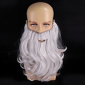 abordables Pelucas de fiesta-Peluca y barba largas y rizadas blancas para hombre, disfraz de anciano Papá Noel, mago o cosplay.