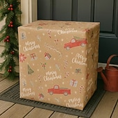 זול אריזת מתנה-גליל אחד של נייר עטיפה גדול לחג המולד באורך 118 אינץ&#039; - נייר קראפט דו-צדדי בצבע חום בהיר עם פתיתי שלג אדומים/ירוקים/זהובים, פעמוני סוכריות על מקל, איילים וטקסט &quot;חג מולד שמח&quot;.