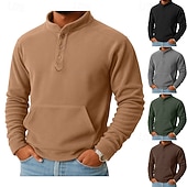 cheap Fleece Hoodie-Men's Sweatshirt Fleece Sweatshirt Button Up Hoodie Black Dark Green Khaki Coffee Gray Henley Plain Patchwork Kangaroo Pocket Sports &amp; Outdoor Casual Daily Streetwear Cool Sportswear Fall Winter