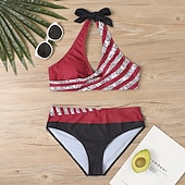 preiswerte Tankinis-Damen Badeanzug Zweiteilig Rock Bademode Rückenfrei Urlaub Strandbekleidung Gestreift V Ausschnitt Ärmellos Badeanzüge