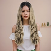 cheap Party Wigs-Synthetic Wig Wavy Curly Weave Middle Part Asymmetrical Deep Parting Machine Made Wig 26 inch Black / Gold Synthetic Hair Women's Classic Comfortable Color Gradient Mixed Color