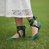 preiswerte Brautjungfer-Grüne Ballerinas aus Satin für Damen mit langen Bändern, elegante und bequeme Schuhe für Hochzeiten und besondere Anlässe