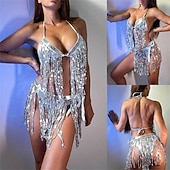 Недорогие Верх и комплекты-Сумка для танцев самба наряд из двух предметов с серебряными стразами и бахромой - топ с завязками и юбка для рейв-вечеринок костюм для выступлений