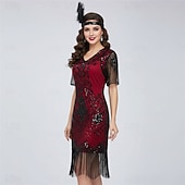 economico Abiti degli anni '20-Anni Ruggenti Anni 1920 Lunghezza al ginocchio Vestito Abito Flapper Abito da Ballo Maniche corte Il grande Gatsby Charleston Invitato al matrimonio Paillettes Frangia con nappe Scollo a V Costume
