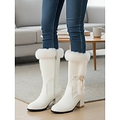 Χαμηλού Κόστους Χερευτές και χειμερινές μπότες-γυναικείες μπότες στη μέση της γάμπας με διακοσμημένο με γούνα από λευκό δέρμα με φερμουάρ στο πλάι, γούρι με φούντα και μπλοκ τακούνι για χειμερινή μόδα και εξωτερική χρήση