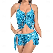 preiswerte Bauchtanzkleidung-Samba Tanzmode Verstellbare Schnüreffekte Pailletten Fransen Rock Oberteil Set Frauen Funkelndes Bauchtanz Outfit 2 Stückl Performance Kostüm
