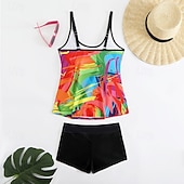 cheap Tankinis-Women's Swimwear 2 Piece Shorts Swimsuit Backless Vacation Beach Wear Graphic Color Block V Neck Sleeveless Bathing Suits