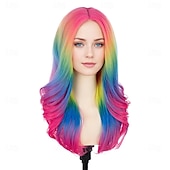 abordables Pelucas de carnaval-Peluca de carnaval 2026 Rosa Azul Verde Rizado Ondulado Larga Peluca sintética para festival Carnaval Desfile Cabello para disfraz de cosplay para Mujer
