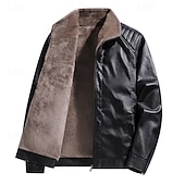 cheap Faux Leather Jackets-Men's Faux Leather Jacket Winter Jacket Fleece Jacket Casual Jacket Outdoor Casual Thermal Warm Pocket Fall Winter Plaid Streetwear Casual Hooded Regular Black Brown Jacket