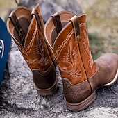 abordables Botas de cuero de primera calidad-Hombre Botas Botas cowboy Retro Zapatos de Paseo Cuero Piel de vaca italiana de plena flor Cómodo Antideslizante Templado Mitad de Gemelo Mocasín Morrón Oscuro Otoño Invierno