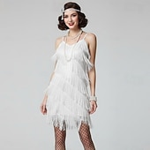 baratos Vestidos dos anos 1920-Conjunto Loucos anos 20 Anos 20 Mini Vestido melindroso Roupa Festa a Fantasia com acessórios Sem Mangas O Grande Gatsby Convidado do casamento Franjas Côr Sólida Franjas Decote V Fantasia Mulheres