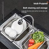 abordables Utensilios para frutas y verduras-Cesta plegable y extensible de acero inoxidable para fregadero con mango telescópico: escurridor de platos compacto y resistente de acero inoxidable 304, ideal para almacenar frutas, arroz y pasta.