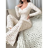 billige Søvnoverdeler og -nederdeler for kvinner-Dame Pyjamas Sett Fritid Komfort Blomstret Elastisk midje Bukse Hjem Daglig Langermet U-hals Hvit Gul Rosa Lilla Vår Høst Normal