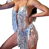 Недорогие Верх и комплекты-Сумка для танцев самба наряд из двух предметов с серебряными стразами и бахромой - топ с завязками и юбка для рейв-вечеринок костюм для выступлений