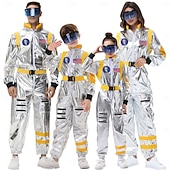  カップル用宇宙飛行士コスチューム ジャンプスーツ カーニバルコスチューム ワンジー マスク付き グループコスチューム 男性用 女性用 シルバー 宇宙服 刺繍パッチ付き