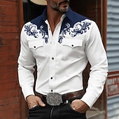 preiswerte Westernhemden für Herren-Herren Blumendruck Ethnisch Blumen Hemd Westernhemd Cowboy-Shirt Langarm Vintage-Retro Lässig Outdoor Arbeitskleidung Frühling Herbst Umlegekragen Zwei Fronttaschen Leinenähnliches Hemd Hemden mit