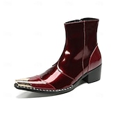 Χαμηλού Κόστους Premium Δερμάτινες Μπότες-ανδρικά γυαλιστερά κόκκινα δερμάτινα μποτάκια μέχρι τον αστράγαλο – κομψά γυαλιστερά με άνετο, στιβαρό τακούνι, κομψή επιλογή για χριστουγεννιάτικες εκδηλώσεις