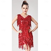 cheap Practice Dresses-Samba Dancewear Women 1920s Dance Dress Sequin Tassel Fringe Flapper Latin Rumba Dress Glitter Salsa Tango Ballroom Dancing Dressesl Performance Costume