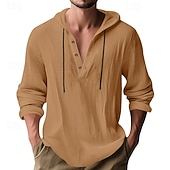 cheap Men's Popover Shirts-Men's Shirt Popover Shirt Summer Shirt Casual Shirt Beach Shirt Black White Yellow Navy Blue khaki Long Sleeve Solid Color Hooded Vacation Casual Drawstring Clothing Apparel Fashion Casual Comfortable