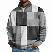 cheap Geometric Pattern-Men's Geometric Plaid Waffle Sweatshirt Fashion Daily Classic Casual Stand Collar Quarter Zip Outdoor Home Office Work Blue Orange Green Gray Zip Up Fall Winter Designer S M L XL XXL XXXL
