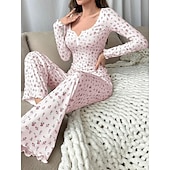 billige Søvnoverdeler og -nederdeler for kvinner-Dame Pyjamas Sett Fritid Komfort Blomstret Elastisk midje Bukse Hjem Daglig Langermet U-hals Hvit Gul Rosa Lilla Vår Høst Normal