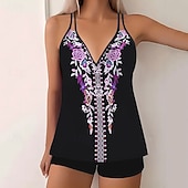 Недорогие Танкини-Жен. Купальники 2 шт. Шорты купальник Открытая спина Отпуск Одежда для пляжа Цветочный принт Графика V-образный вырез Без рукавов Купальники