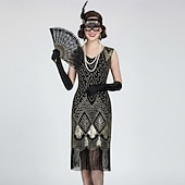 ieftine Rochii din anii 1920-Set Urlați 20 de ani Anii 1920 Lungime Genunchi Rochie Flapper Ținute Rochie de bal cu accesorii Fără mâneci Gatsby Charleston Invitat la nuntă Paiete Franjuri Pană În V Costume de fancy Pentru femei