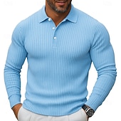cheap Men's Classic Polo-Men's Rib Knit Top Textured Street Casual Lapel Long Sleeve Basic Modern Plain Buttons Spring Fall All Seasons Slim Fit Blue White Navy Blue Gray Rib Knit Top