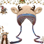 billige oppvarming og kjøling-heklet vinterlue med fleecefor og reinsdyrgevir for dame &amp;ører, myk varm skilue, fargerik flerfarget reinsdyrlue, myk fleeceforet heklet lue for barn og voksne, morsomt ferietilbehør